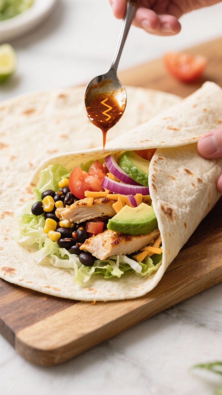 Cooking process: Southwest chicken wrap being assembled on a board—warm flour tortilla laid flat, 