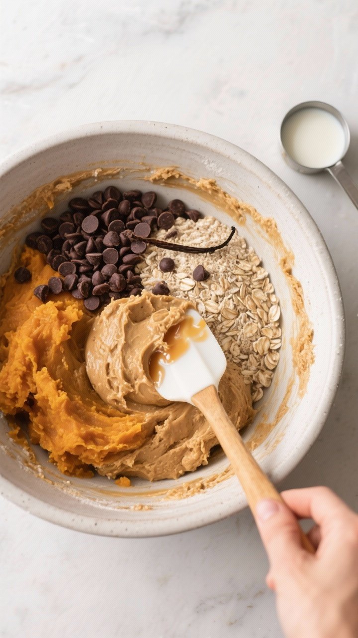 Cooking process: The “bring it together” moment—overhead shot of a large mixing bowl filled wi