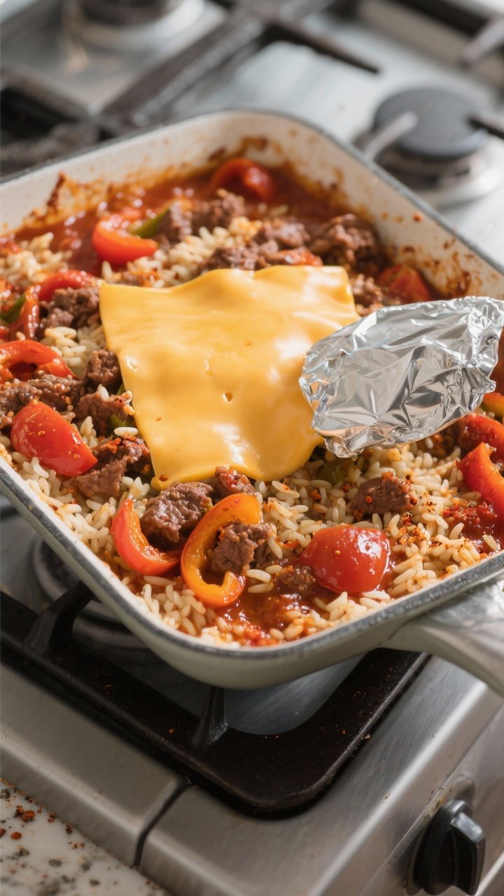 Cooking process: The casserole mid-bake moment just before the cheese goes on—simmered tomato-beef