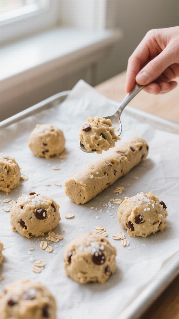 Cooking process: The chilled dough being portioned and rolled—perfect 1-tablespoon scoops of cooki