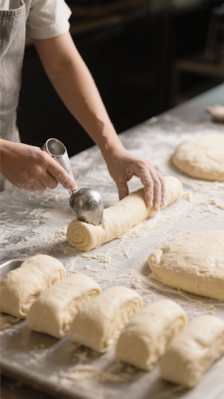Cooking process: The dough just after processing, being portioned and rolled—uniform scoops (1–