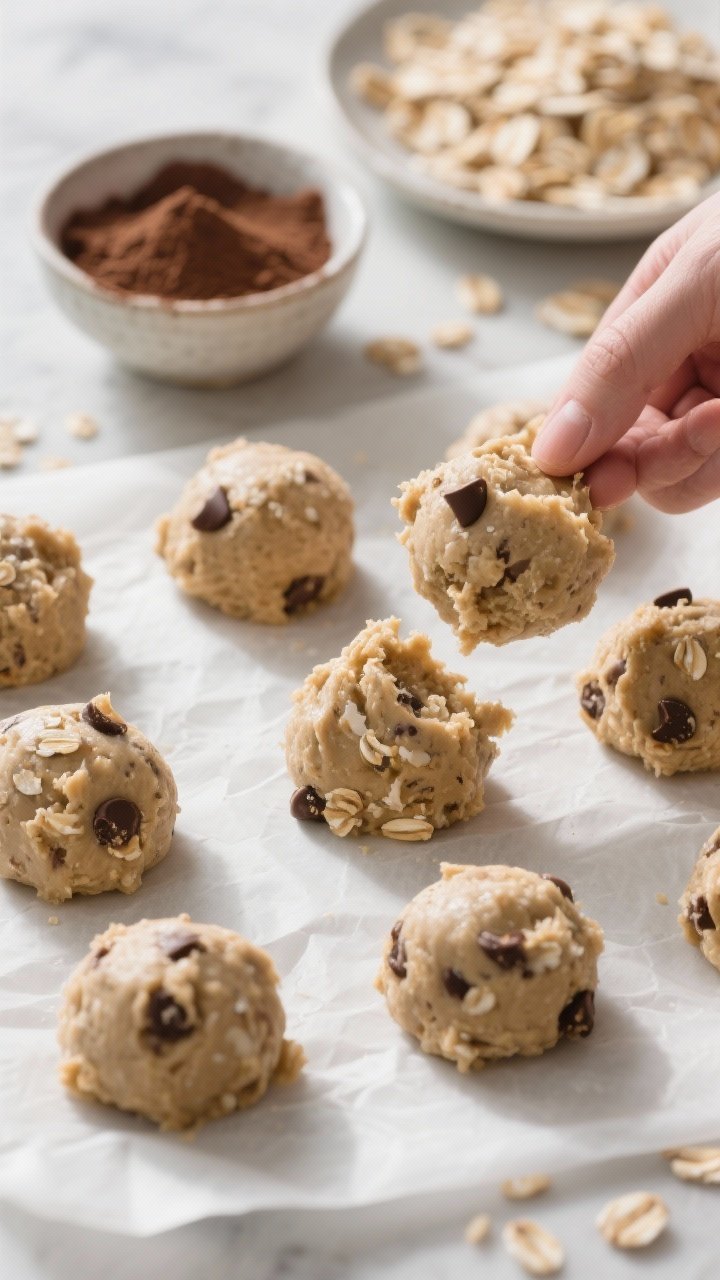 Cooking process: The shaping stage captured close-up—uniform scoops of the cohesive “cookie doug