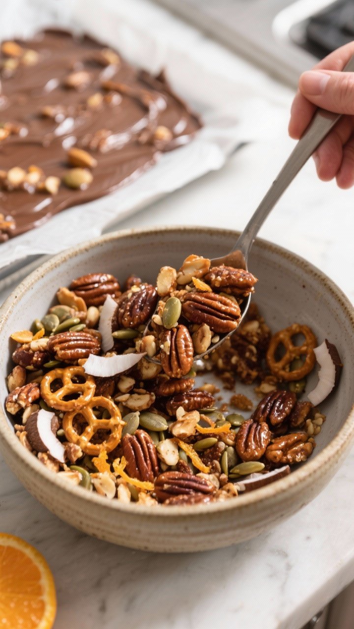 Cooking process: The spiced nut-and-seed mixture being tossed in a large ceramic bowl after toasting