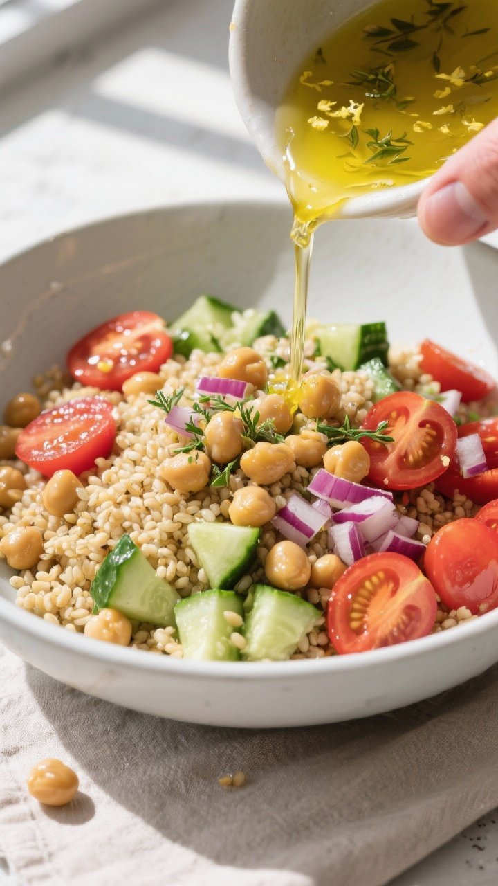 Cooking process — Tossing the base: Overhead shot of the cooled bulgur (or quinoa) being tossed wi