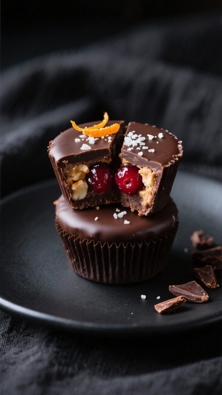 Final dish, beauty shot: Finished Cranberry Sauce Energy Cups unwrapped and stacked on a matte black