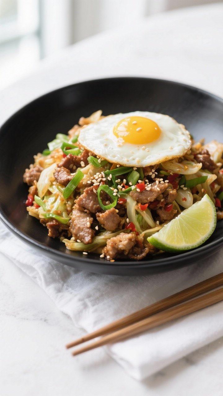 Final dish plated: Egg Roll in a Bowl served in a matte black shallow bowl, heaped with savory pork-