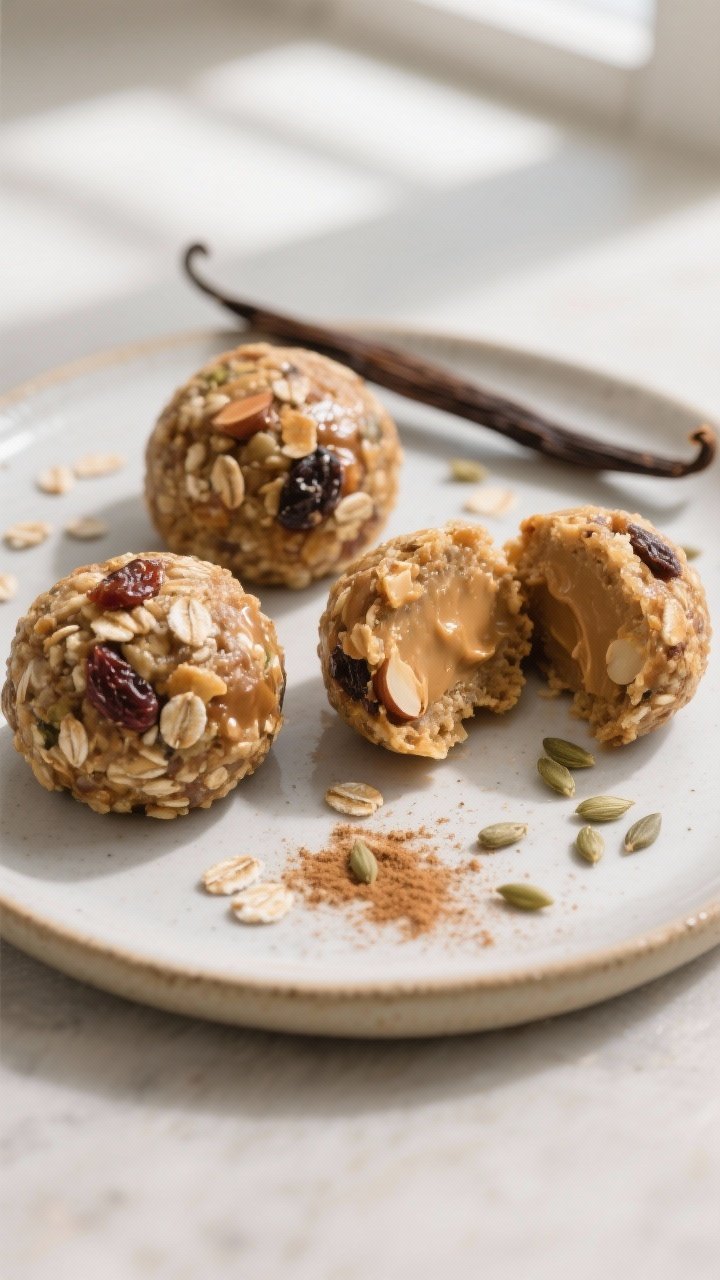 Final dish presentation: a small ceramic plate with 3 perfectly round Lunchbox Energy Bites, one cut