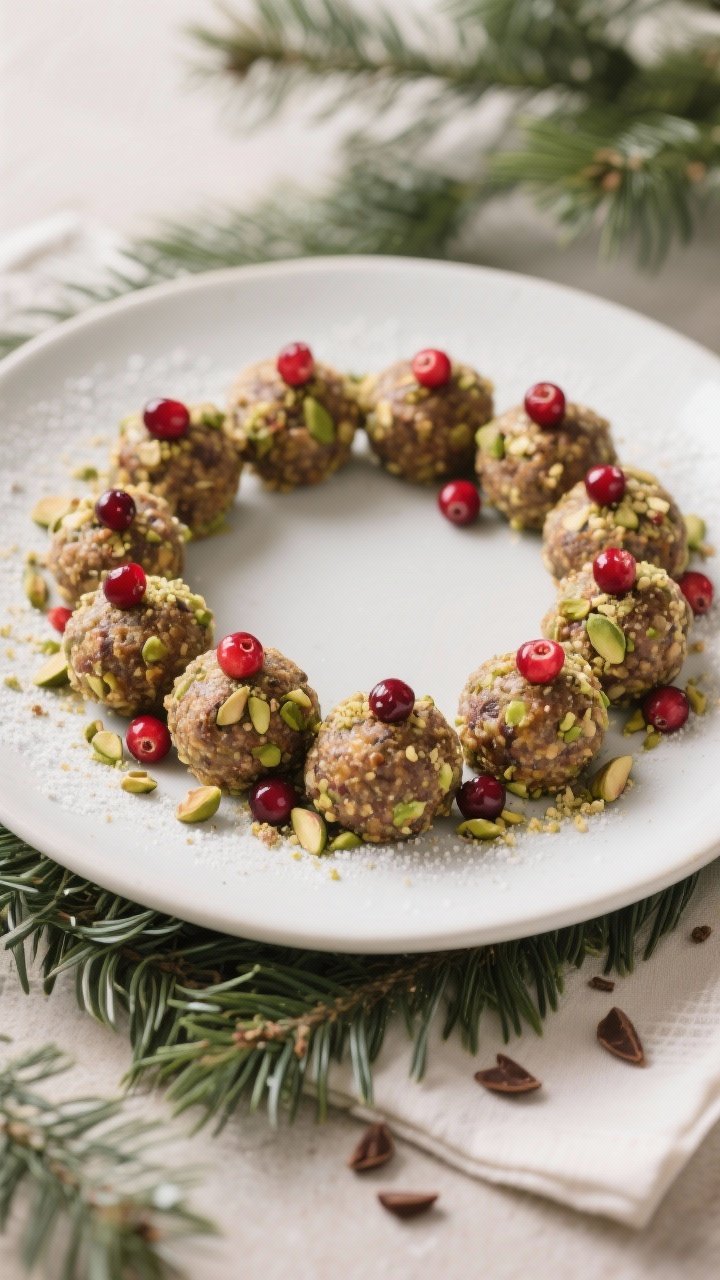 Final dish presentation: Beautiful holiday platter of finished wreath energy balls arranged in a cir