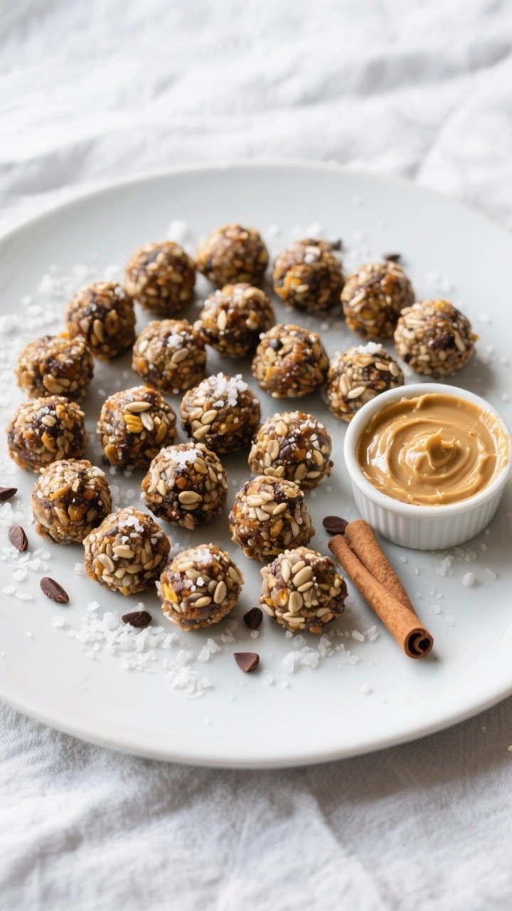 Final dish presentation: Beautifully arranged platter of finished energy bites (18–22 pieces) on a