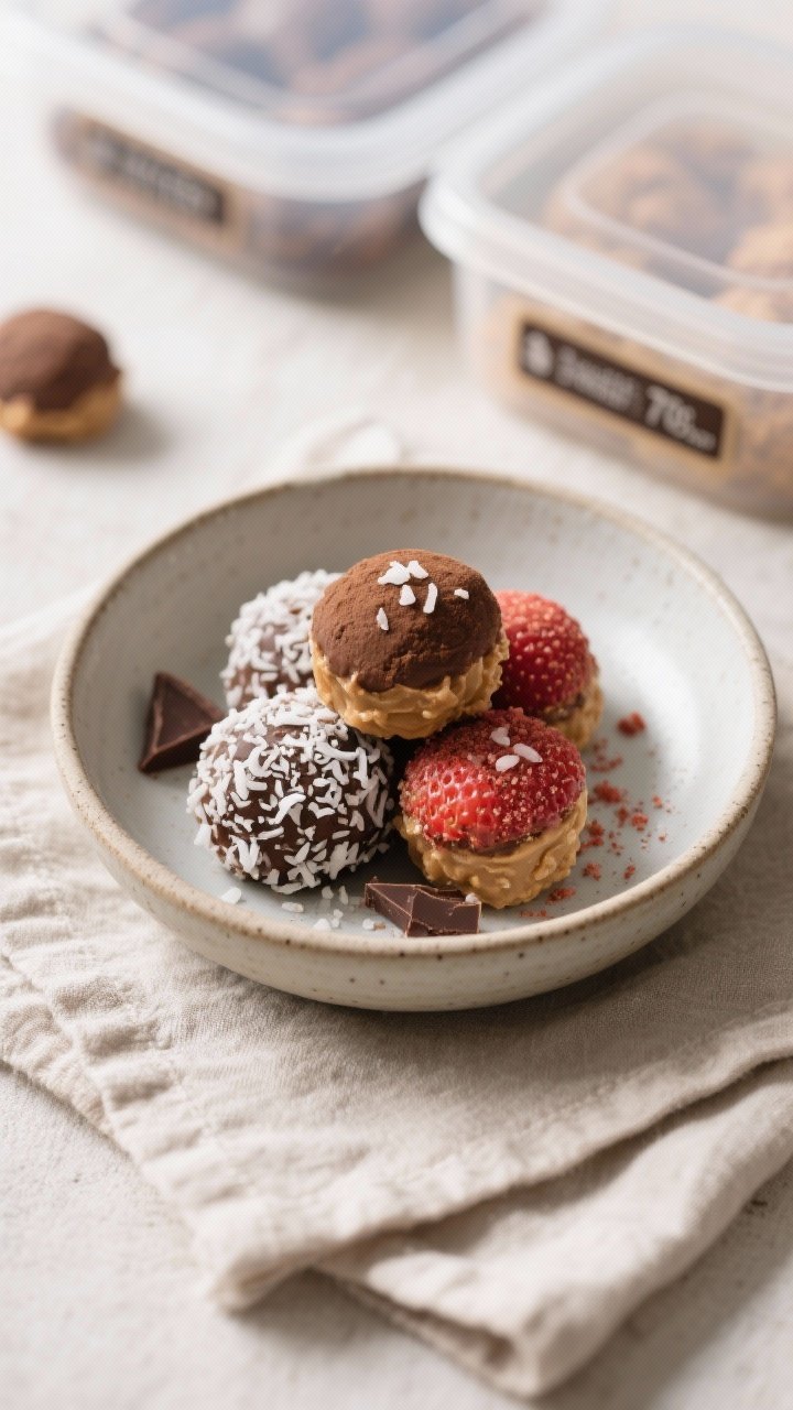 Final dish presentation: Beautifully arranged protein bites (peanut butter–chocolate base) stacked