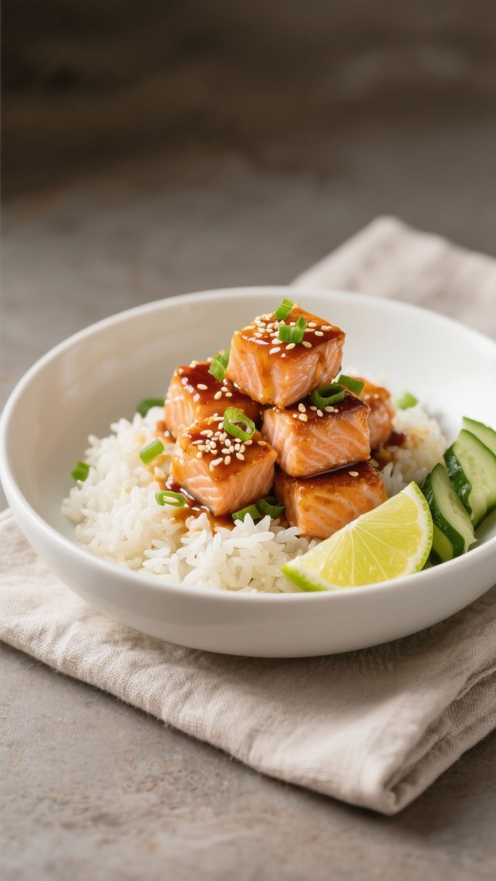 Final dish presentation: Beautifully plated air fryer salmon bites over fluffy jasmine rice in a wid