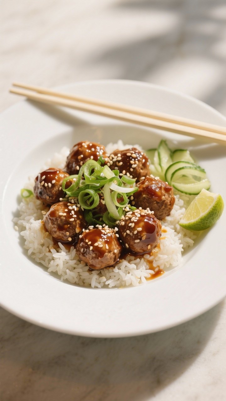 Final dish presentation: Beautifully plated Asian glazed turkey meatballs over fluffy jasmine rice i