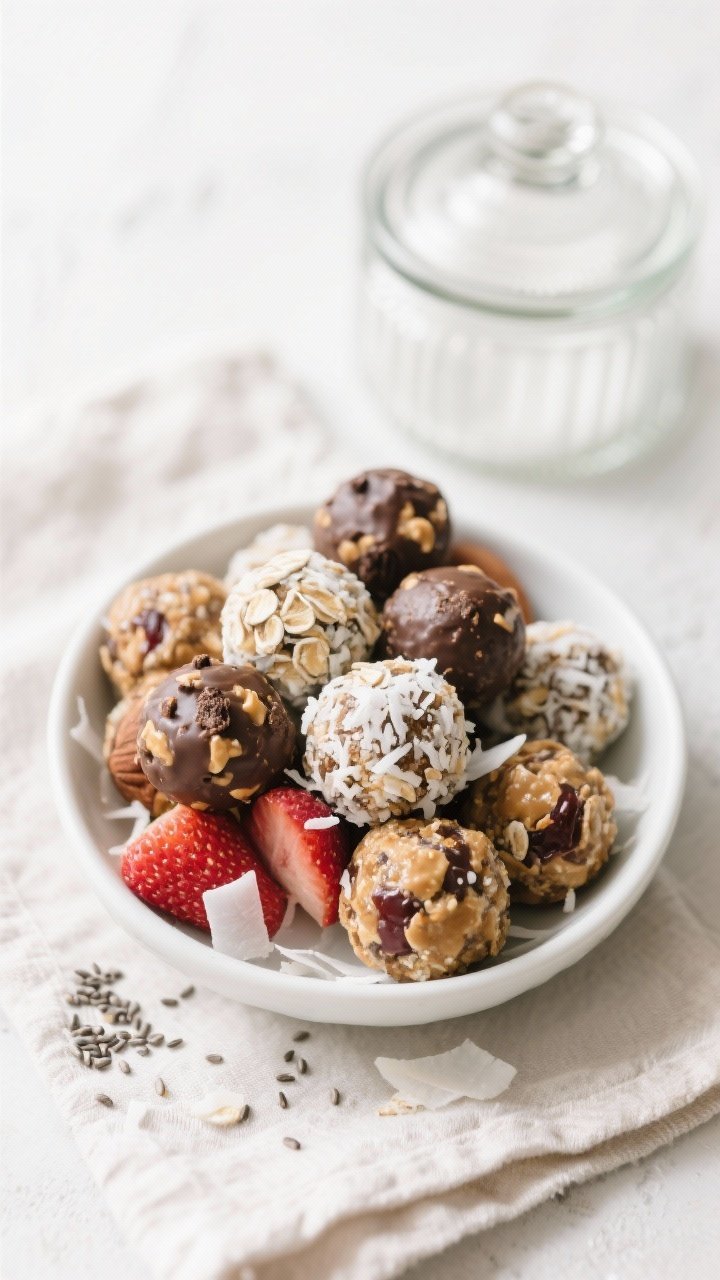 Final dish presentation: Beautifully plated assortment of 5-Minute Energy Balls in three flavor vari