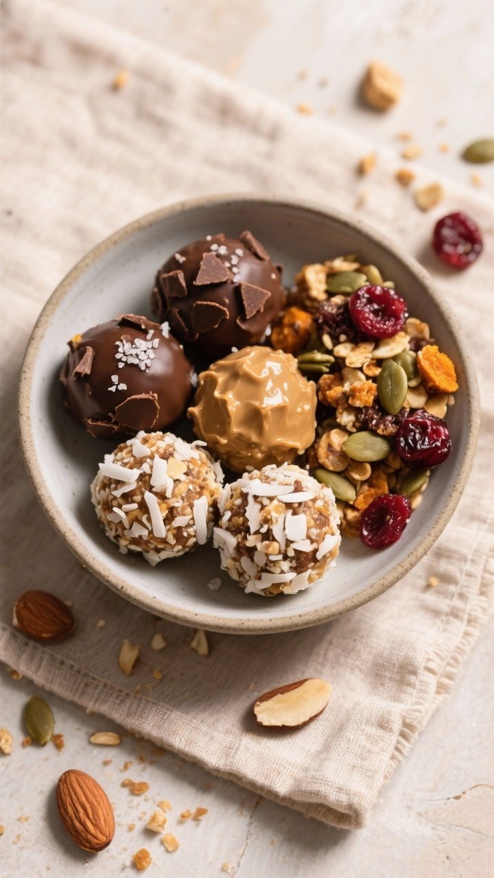 Final dish presentation: Beautifully plated assortment of finished energy balls in three recipe vari