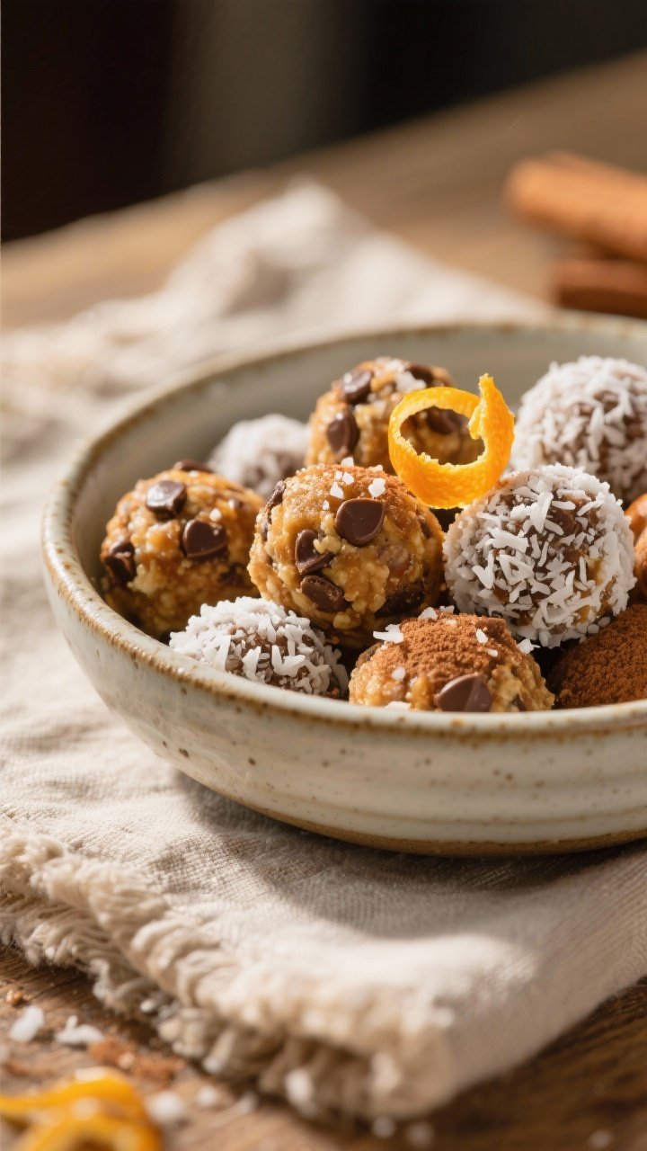 Final dish presentation: Beautifully plated assortment of the Holiday Baking Day Protein Bites in a 