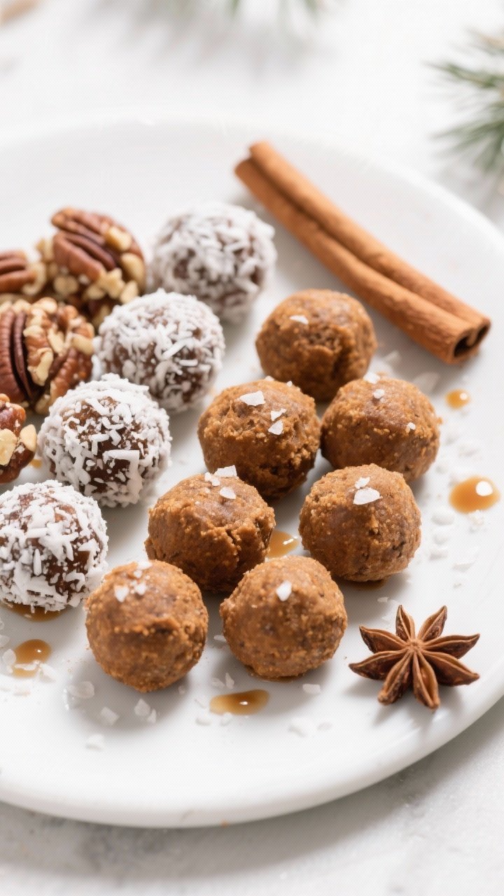 Final dish presentation: Beautifully plated assortment of gingerbread energy balls on a matte white