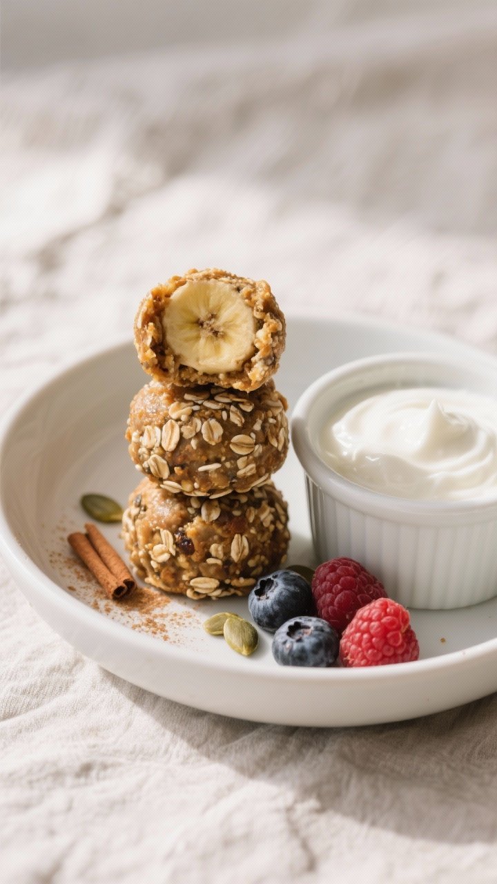 Final dish presentation: Beautifully plated Banana Oat Energy Bites stacked in a low white bowl, gar