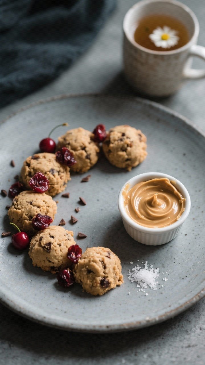 Final dish presentation: Beautifully plated Bedtime Protein Bites arranged in a crescent on a matte 