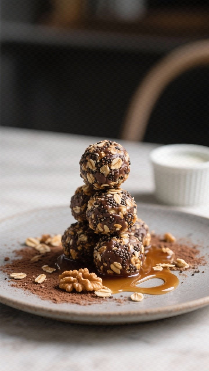 Final dish presentation: Beautifully plated Brain-Boosting Protein Balls stacked in a small pyramid 