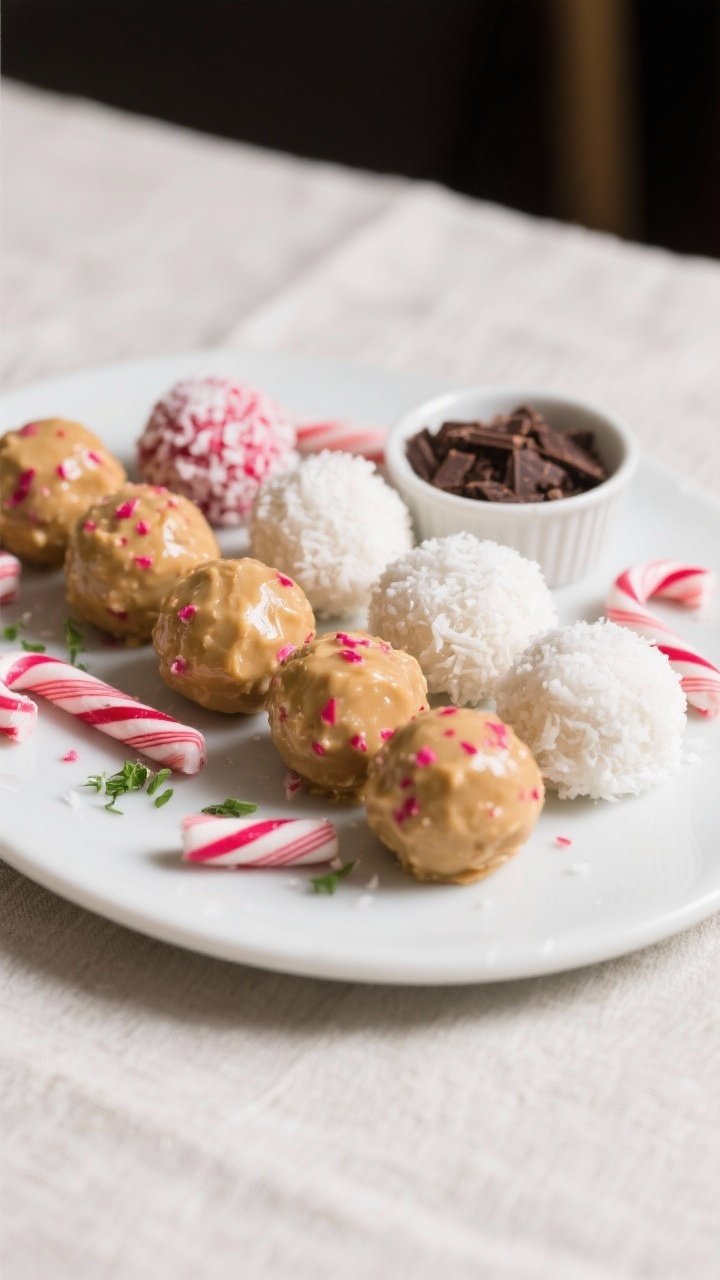 Final dish presentation: Beautifully plated Candy Cane Energy Balls arranged on a matte white platte