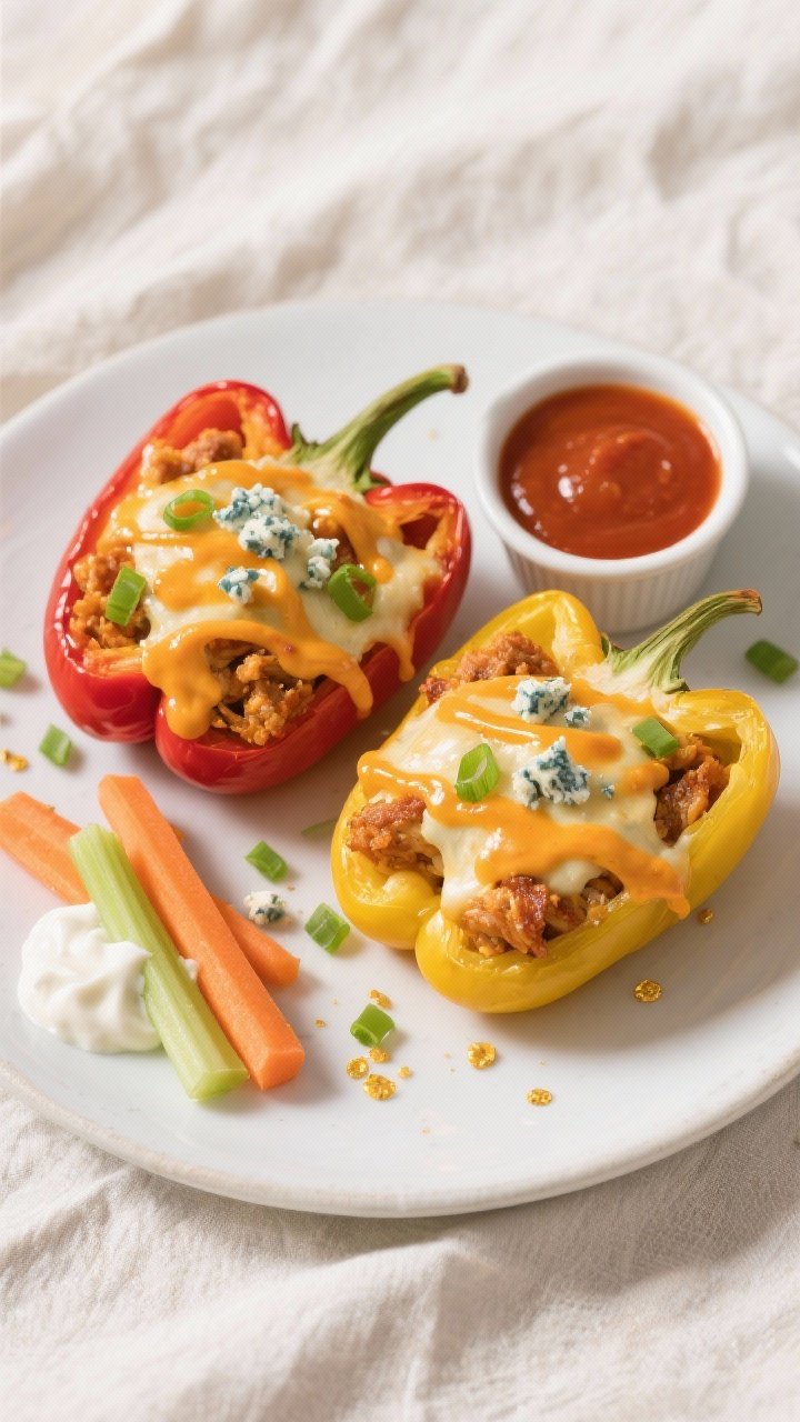 Final dish presentation: Beautifully plated cheesy buffalo chicken stuffed bell peppers (two halves)