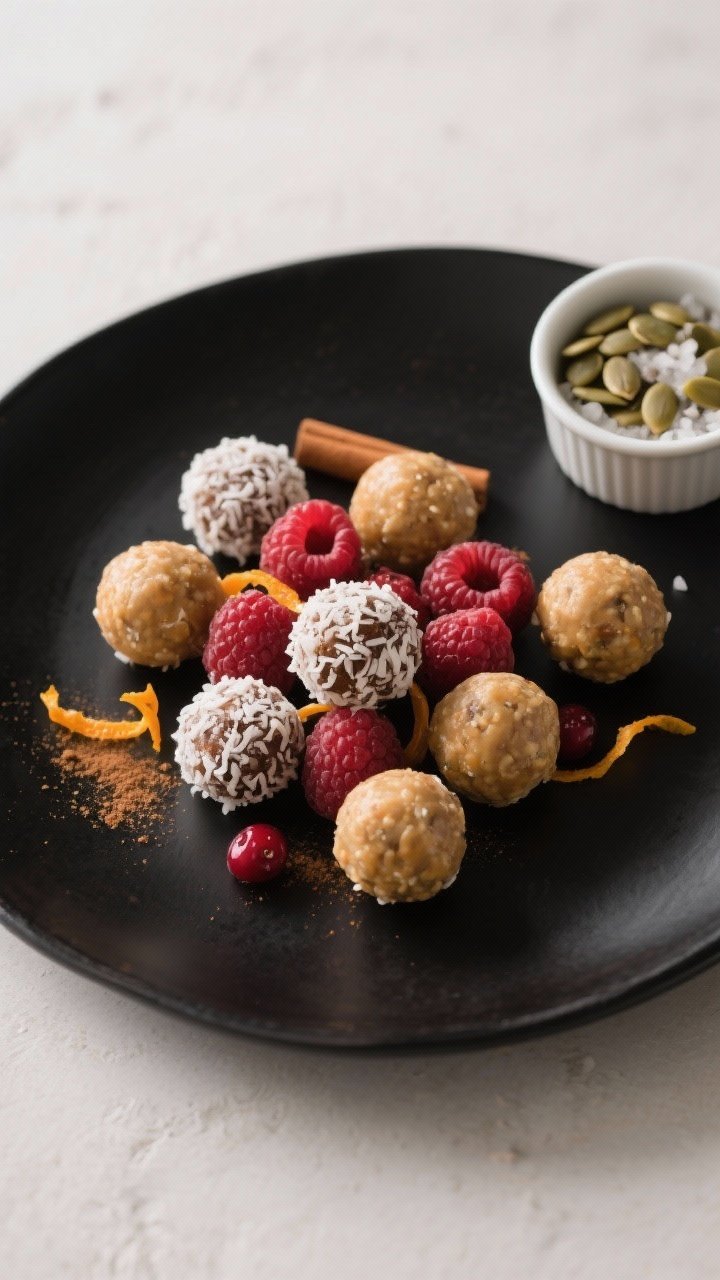 Final dish presentation: Beautifully plated Christmas Concert Protein Bites arranged in tight cluste