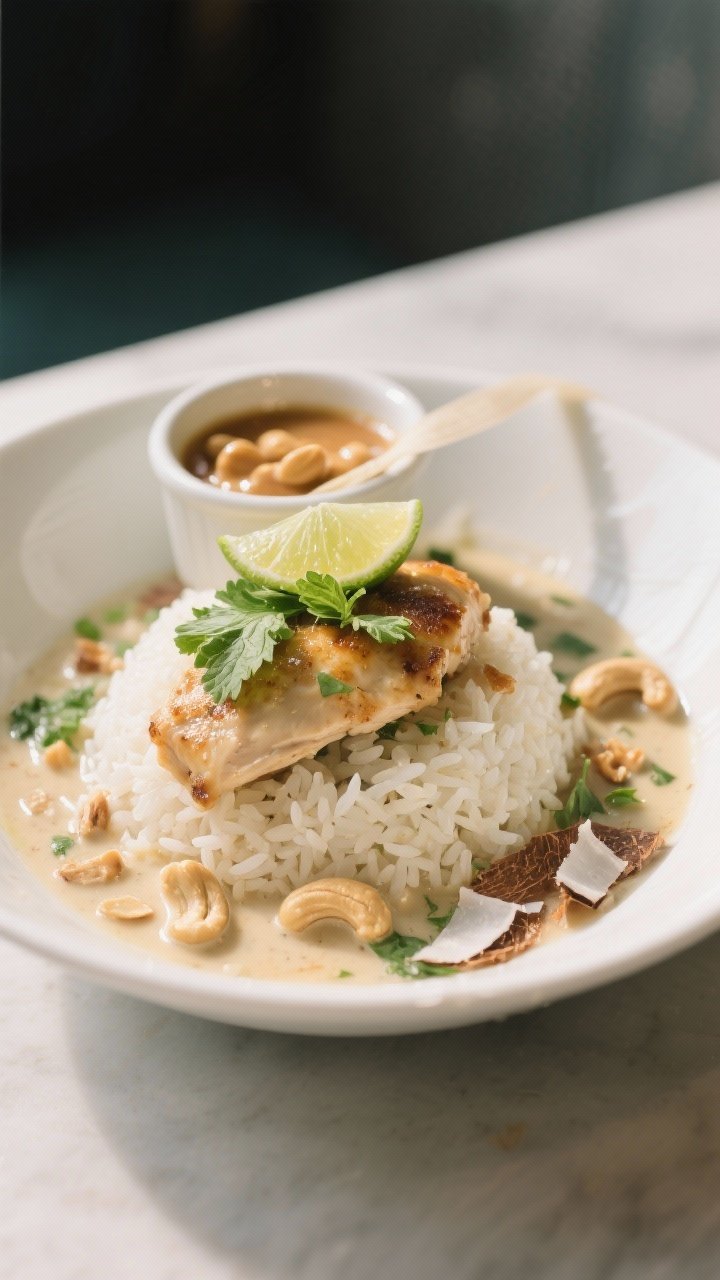 Final dish presentation: Beautifully plated Coconut Chicken Rice Bowl in a wide, low white bowl—cr