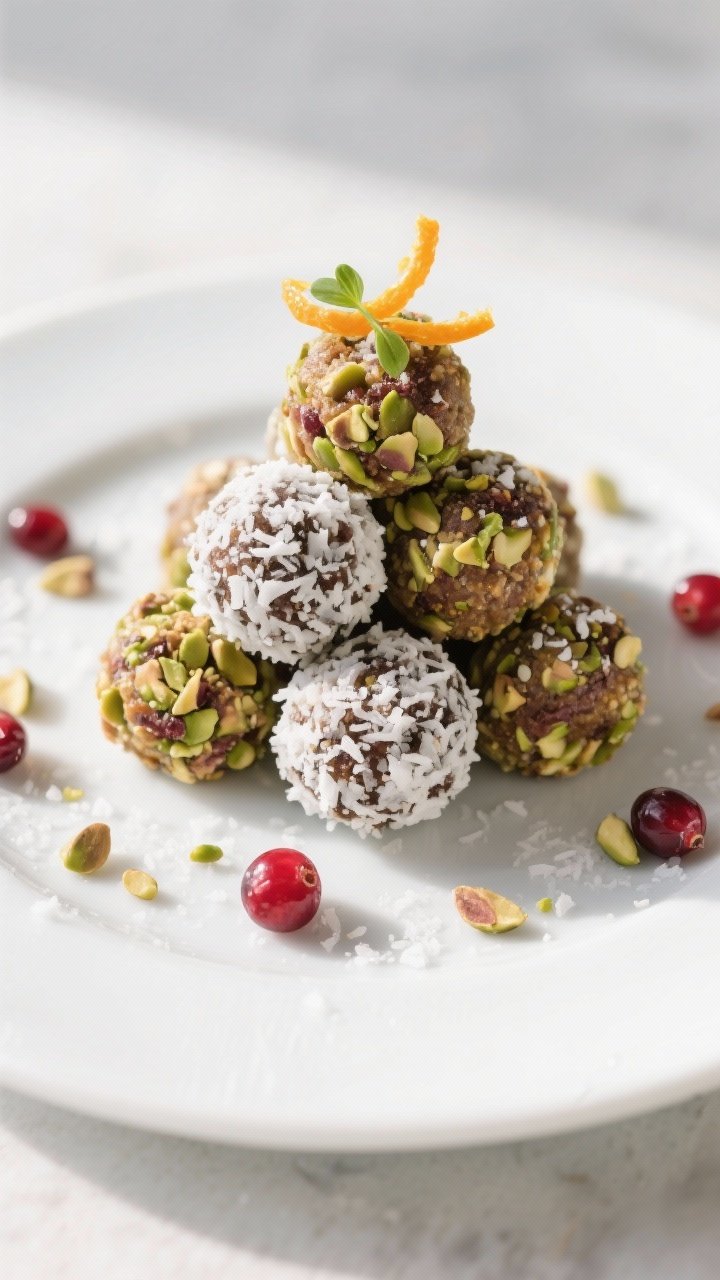 Final dish presentation: Beautifully plated Cranberry Pistachio Energy Balls arranged in a staggered