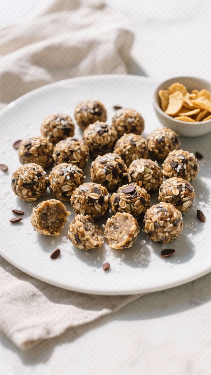 Final dish presentation: Beautifully plated energy balls (18–22 count) arranged in a loose, modern