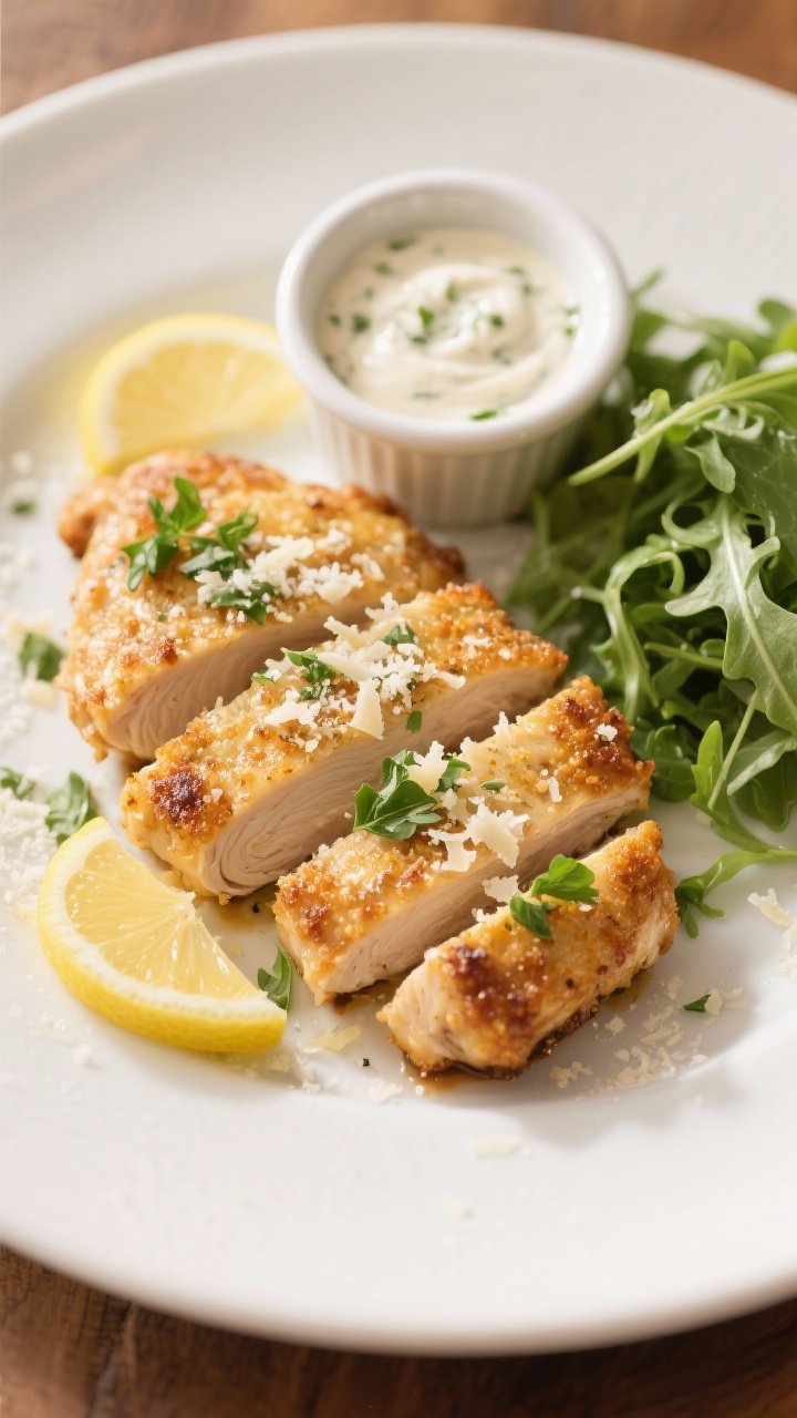 Final dish presentation: Beautifully plated garlic parmesan chicken cutlets on a matte white plate, 