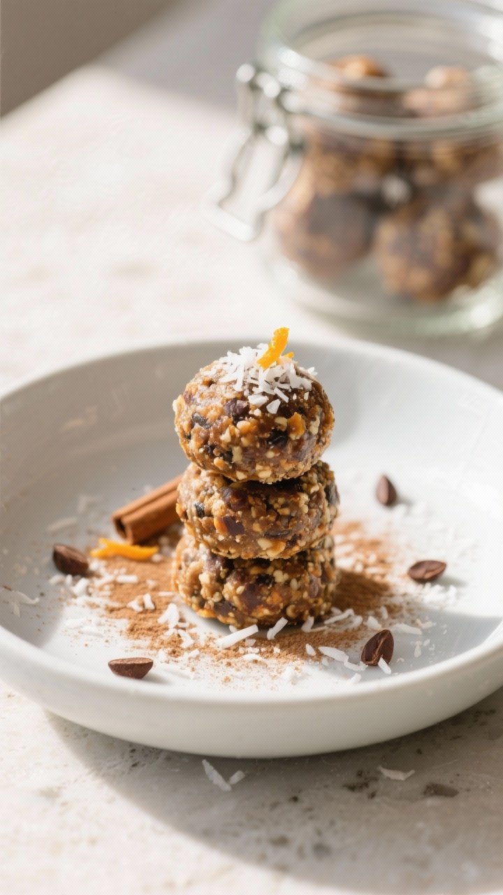 Final dish presentation: Beautifully plated Hangry-Fix Energy Bites stacked in a low matte-white bow