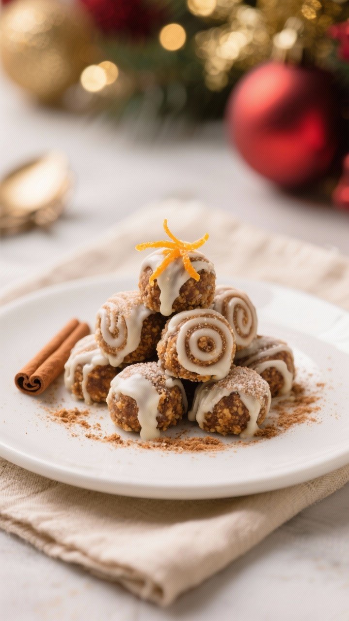 Final dish presentation: Beautifully plated Holiday Cinnamon Roll Energy Bites stacked like truffles