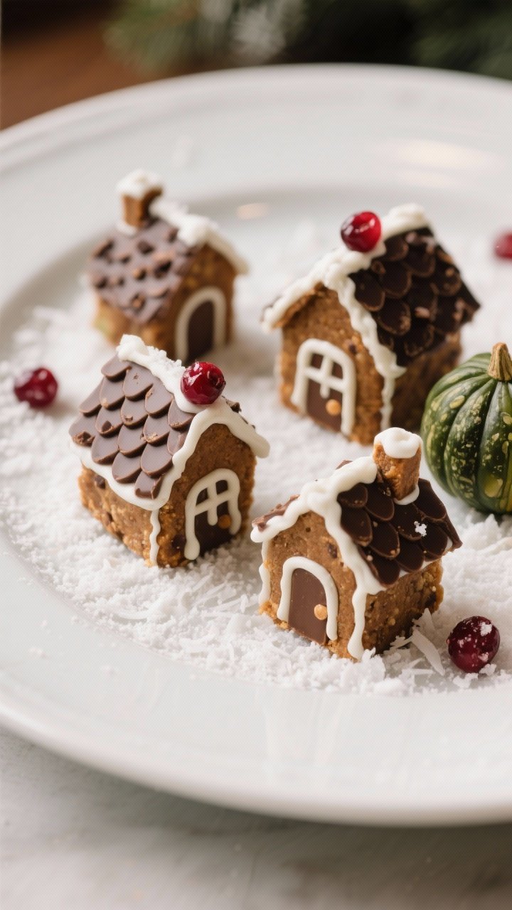 Final dish presentation: Beautifully plated mini gingerbread house energy bites assembled and fully 