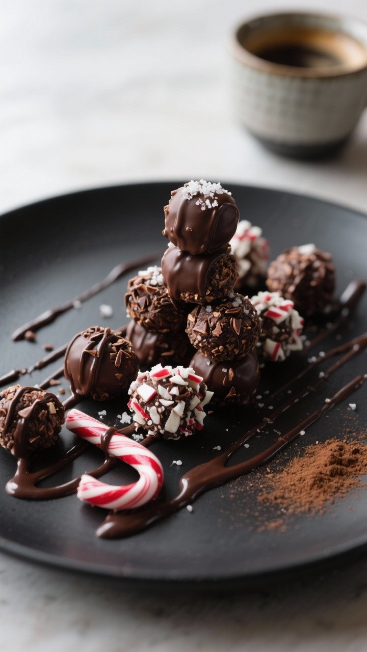 Final dish presentation: Beautifully plated Peppermint Mocha Energy Bites stacked on a matte black p