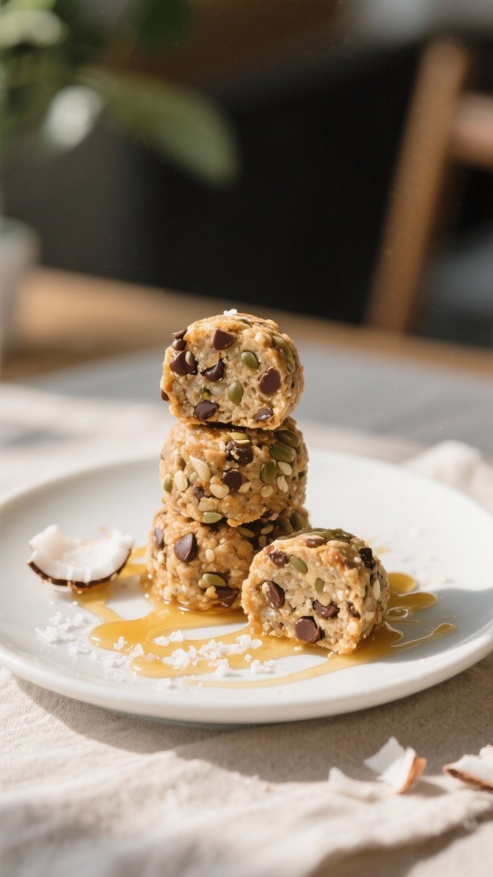 Final dish presentation – Beautifully plated protein bites stacked in a small pyramid on a matte w