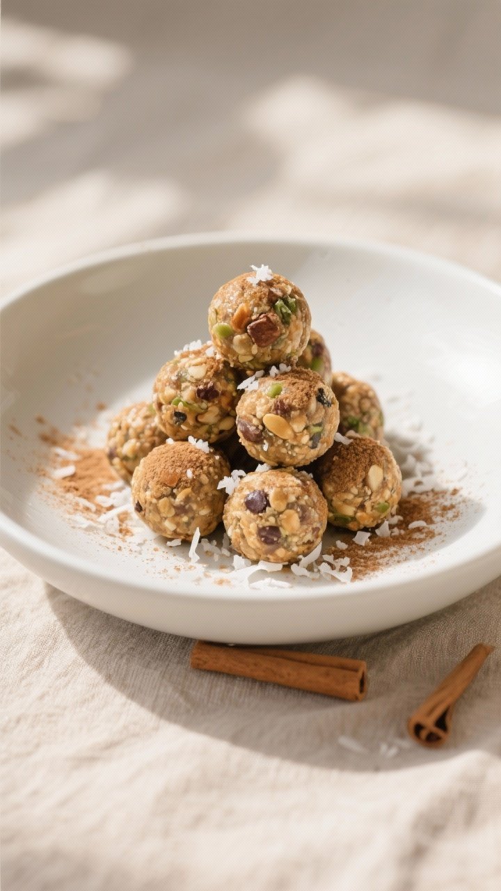 Final dish presentation: Beautifully plated protein balls arranged pyramid-style in a matte white sh