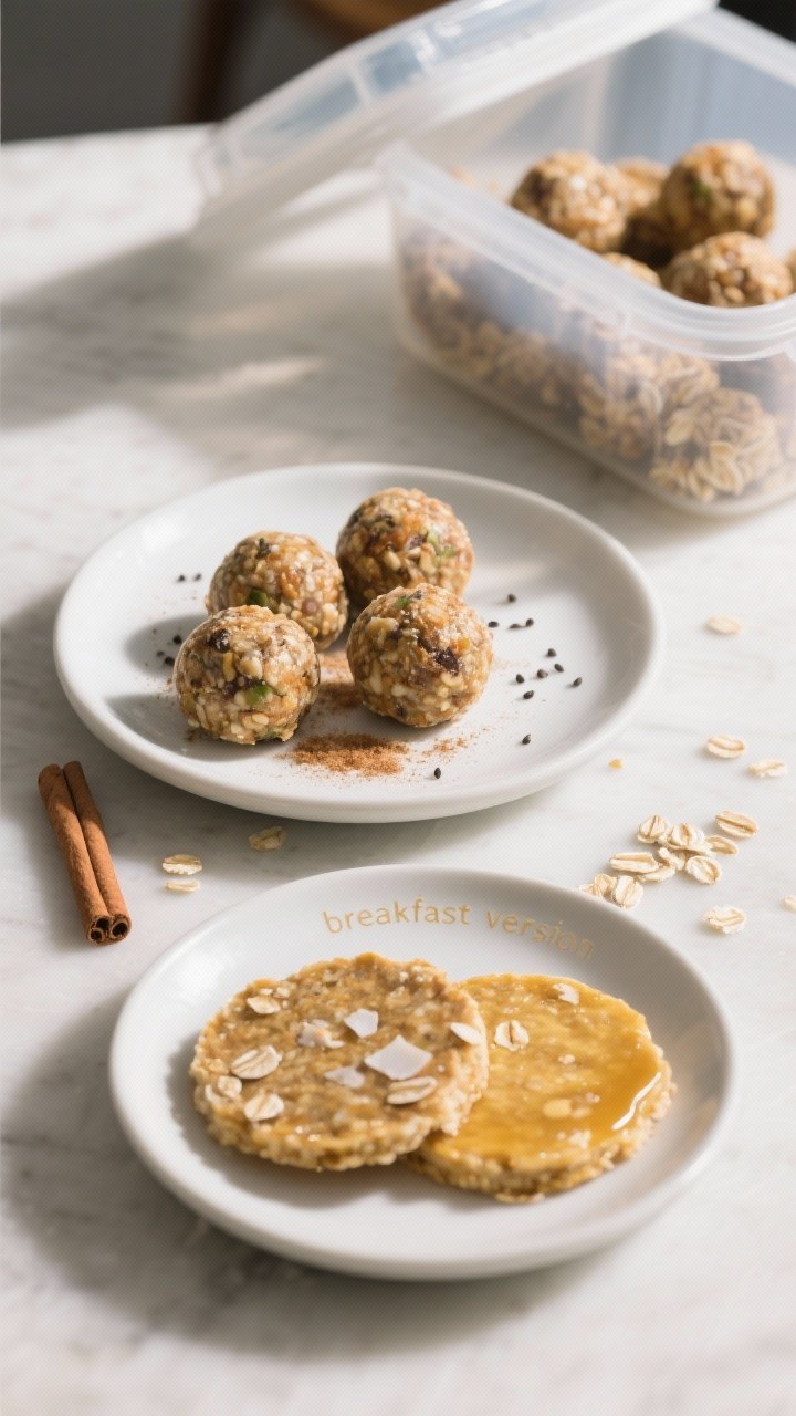 Final dish presentation: beautifully plated snack scene with 3–5 toddler energy balls on a small m