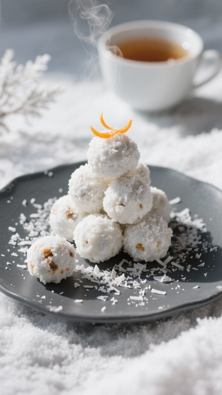 Final dish presentation: Beautifully plated “snowball” tower of Winter Wonderland Energy Balls o