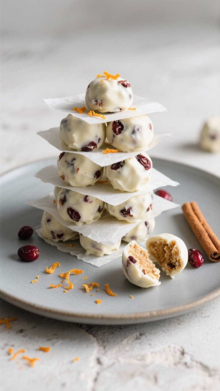 Final dish presentation: Beautifully plated stack of Cranberry White Chocolate Protein Bites (20–2
