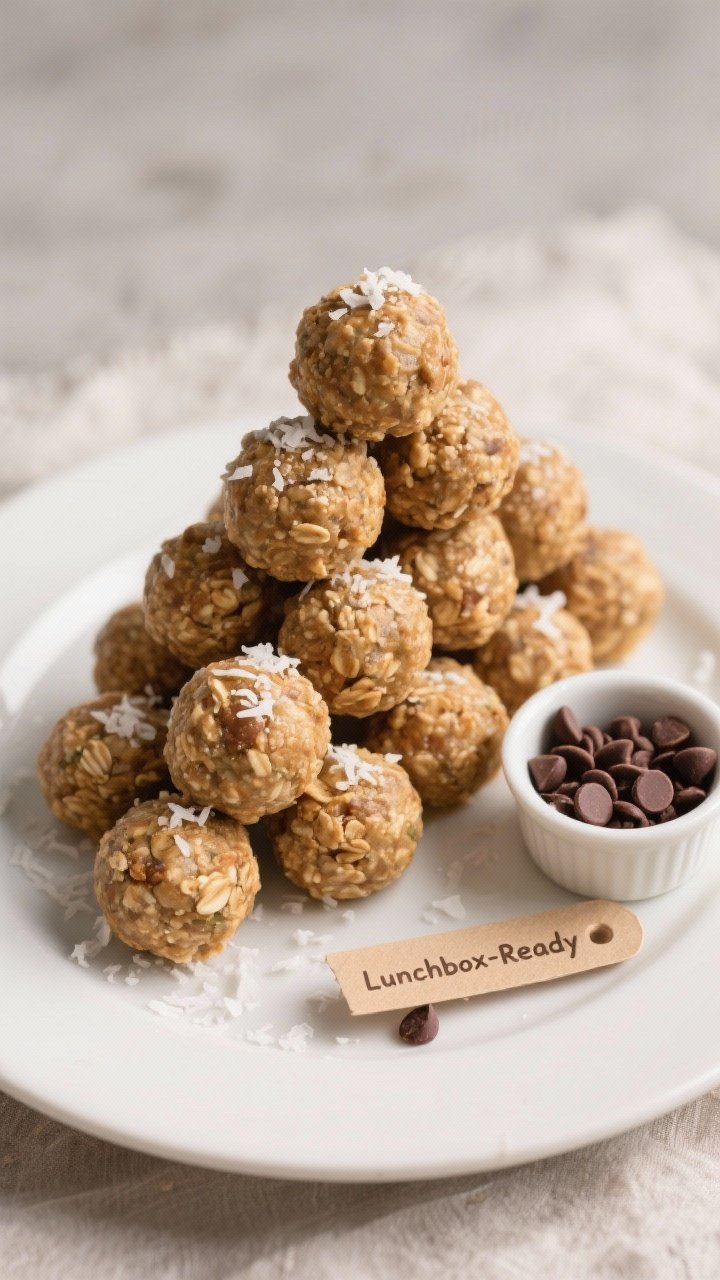 Final dish presentation: Beautifully plated stack of Peanut Butter Oatmeal Energy Balls arranged pyr