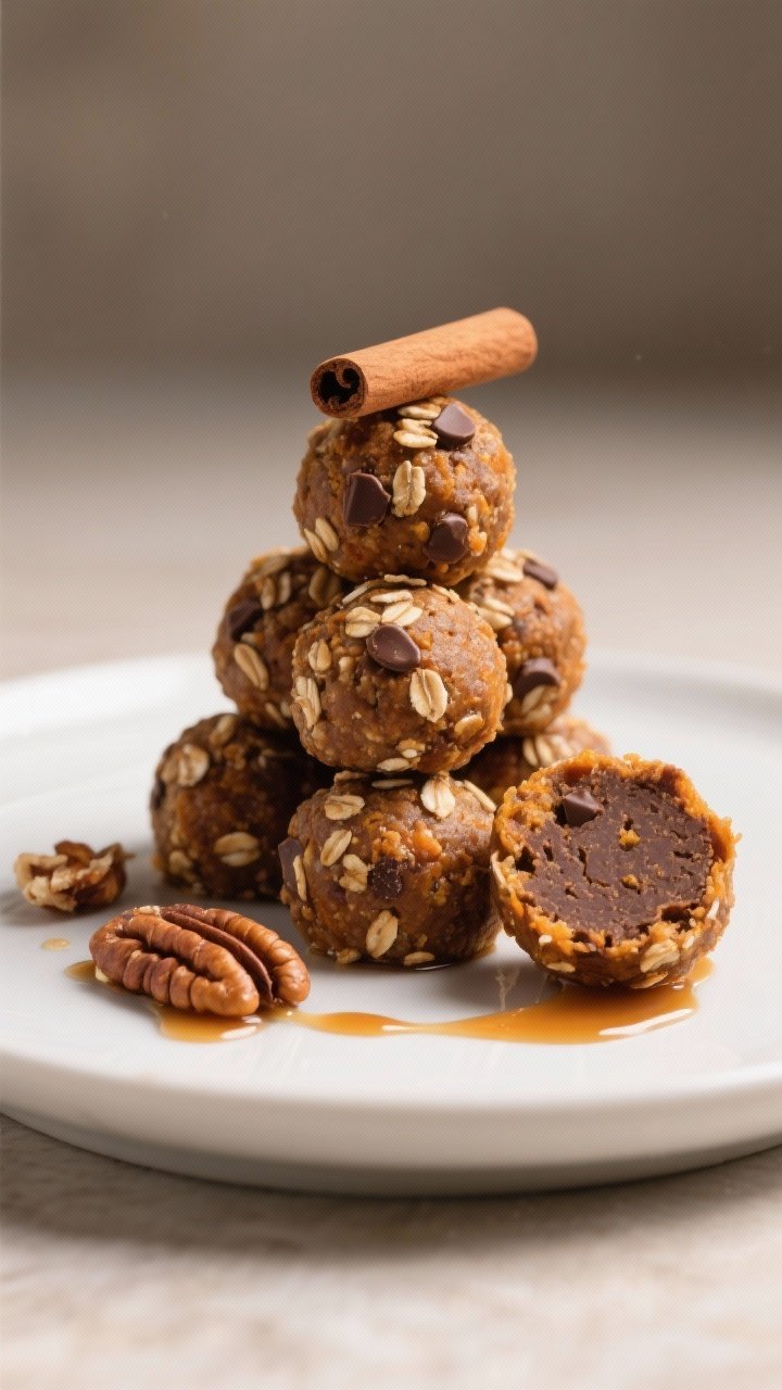 Final dish presentation: Beautifully plated sweet potato pie energy balls stacked pyramid-style on a