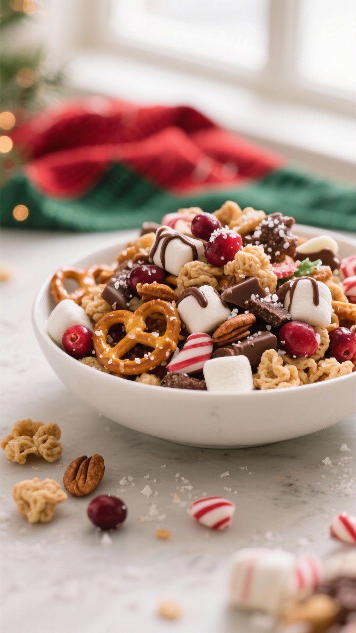Final dish presentation, cozy serving: Beautifully presented clusters of Sleigh Ride Snack Mix in a 