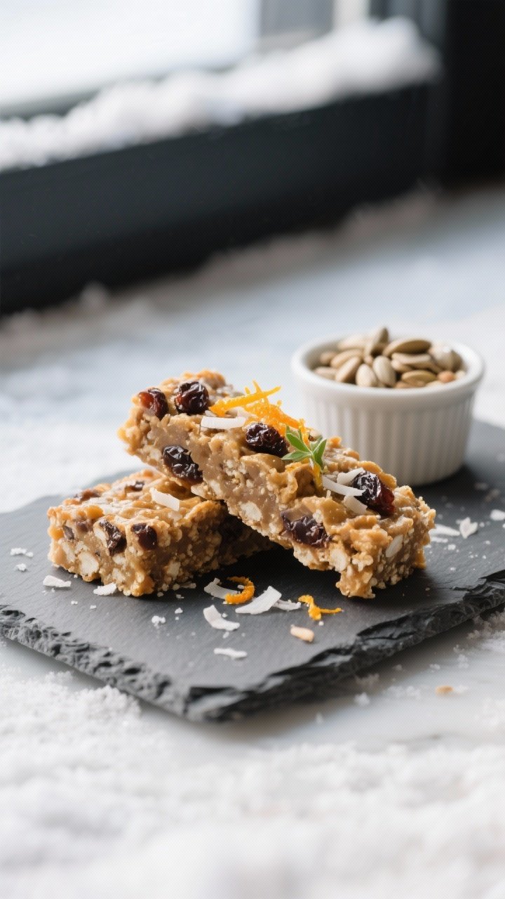 Final dish presentation: Hero plate of two Snow Day Energy Bars stacked with one slightly tilted to 