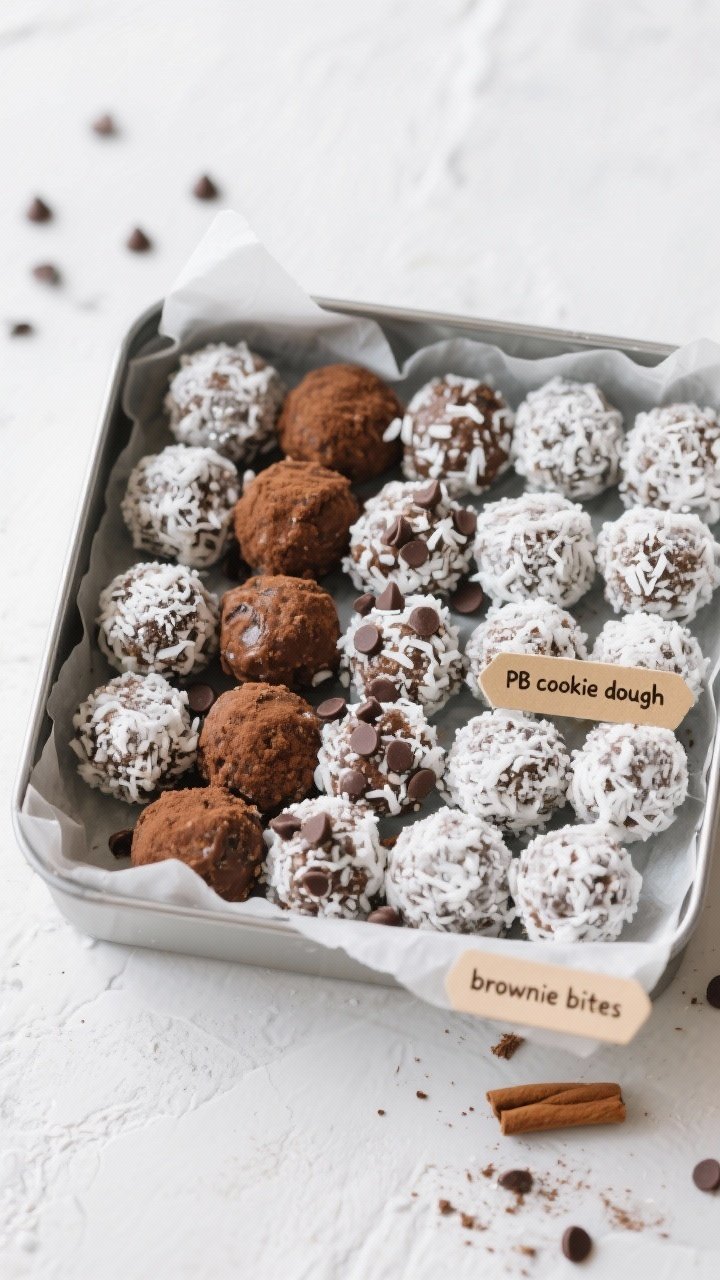 Final dish presentation: lunchbox-friendly arrangement of chilled energy balls (18–22 mini size) n