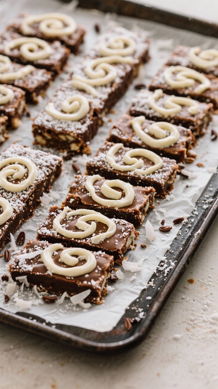 Final dish presentation: Overhead, cookie-tray style arrangement of multiple Yule Log Energy Bar sli