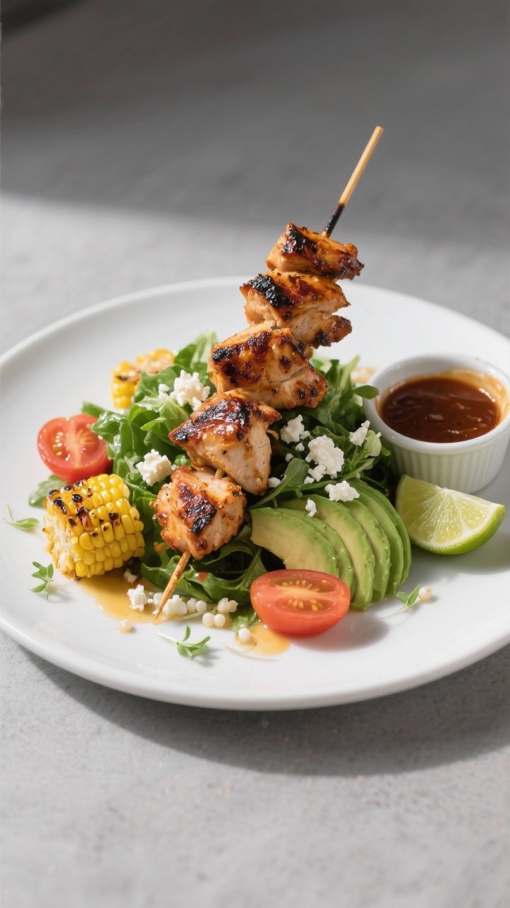 Final dish presentation: Restaurant-plated BBQ Chicken Skewer Salad on a matte white platter—charr