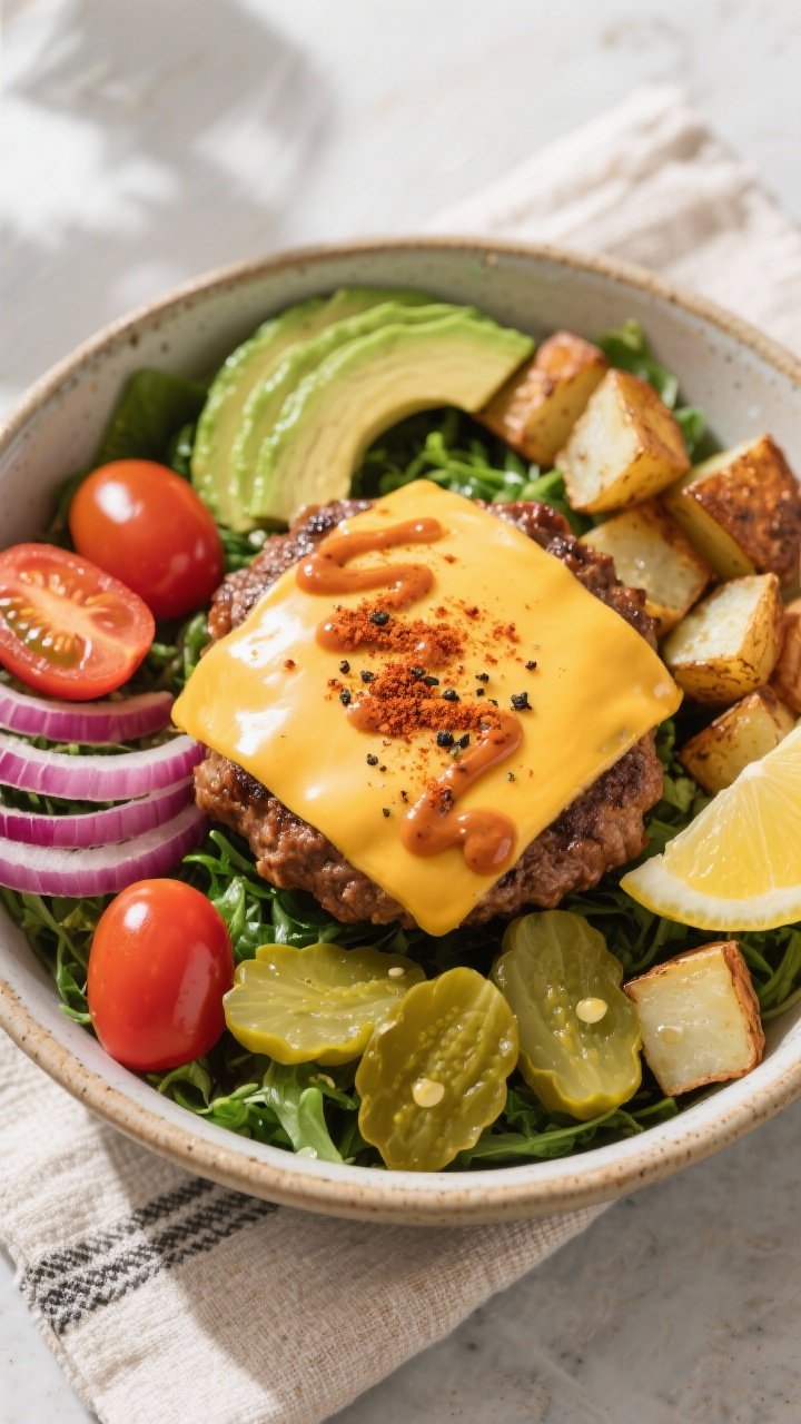 Final dish presentation: Restaurant-quality cheeseburger bowl fully built and styled, —greens base