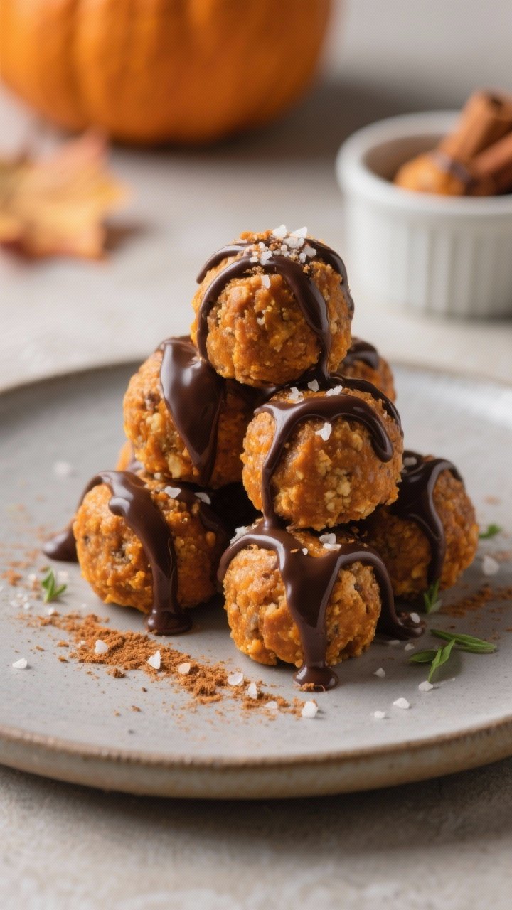 Final dish presentation: Restaurant-quality plate of pumpkin spice protein bites stacked in a tidy p