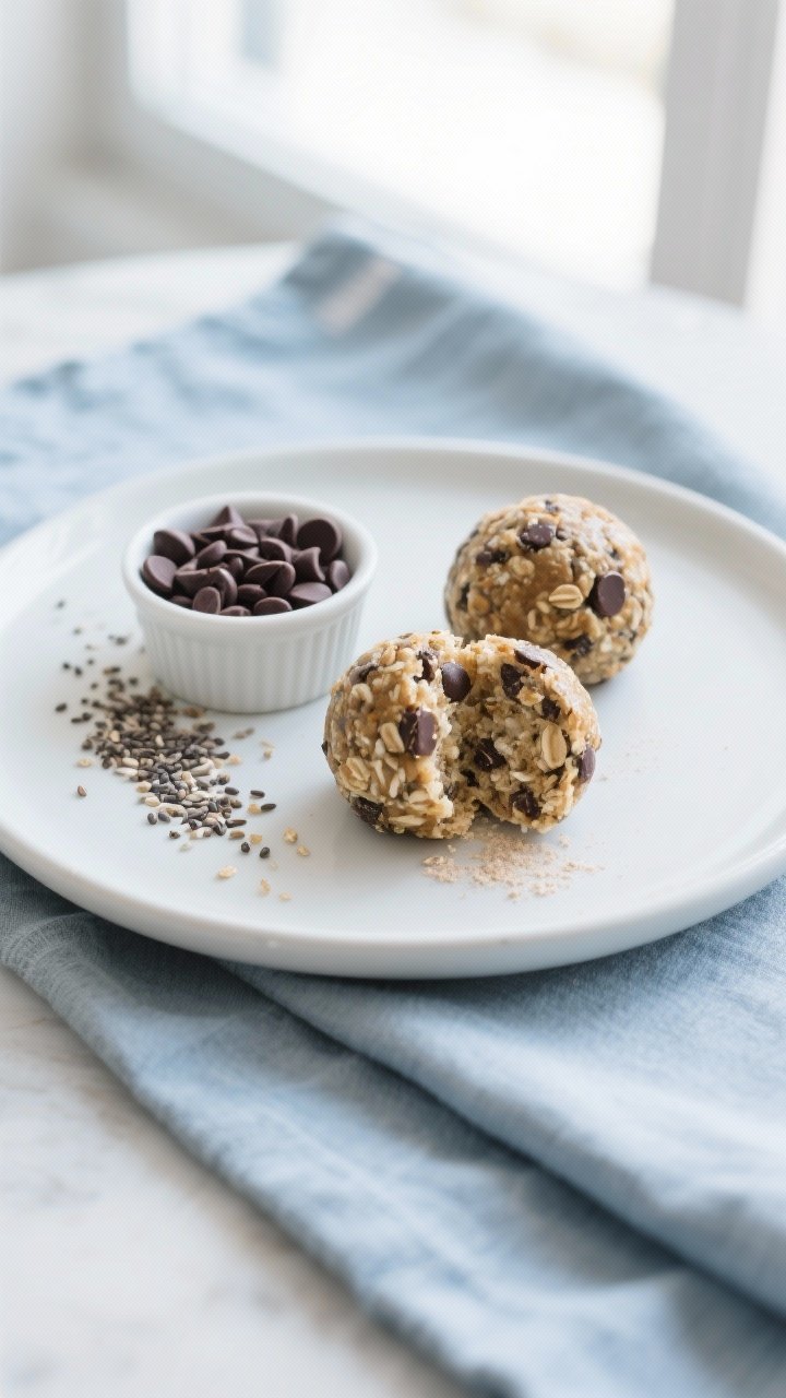 Final dish presentation: Restaurant-quality plate of 3 energy balls on a matte white ceramic plate w