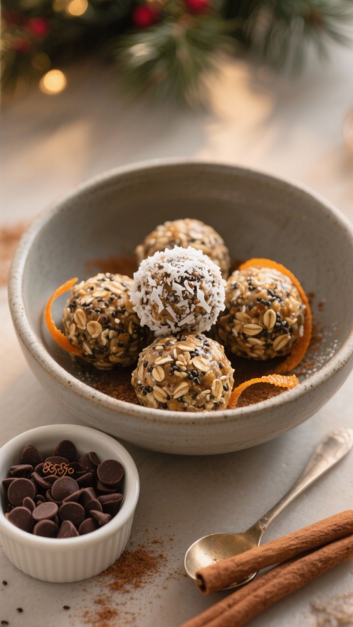Final dish presentation: Restaurant-quality plate-up of 5 Holiday Sugar Detox Energy Balls in a low,